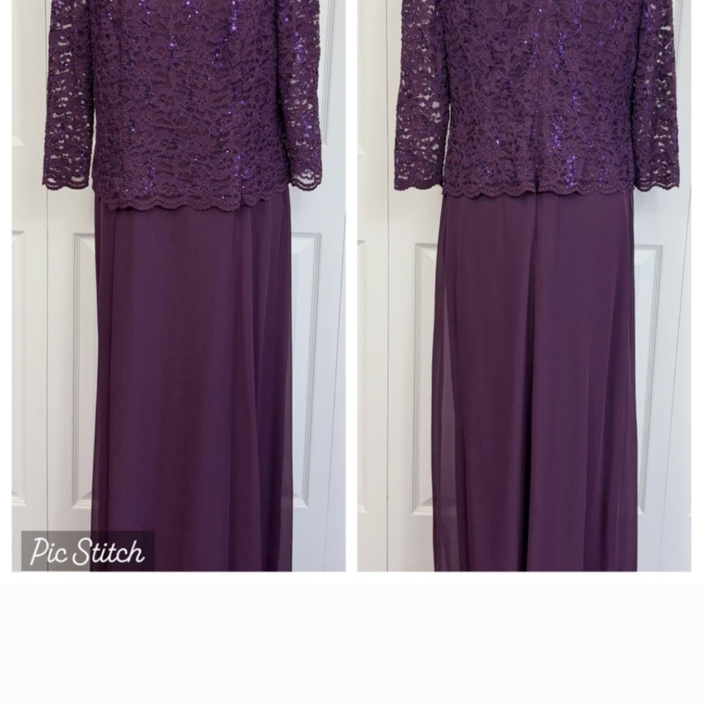 Alex Evenings Formal Purple Sequin Beaded Lace 3/4 Sleeve Gown Dress 14P